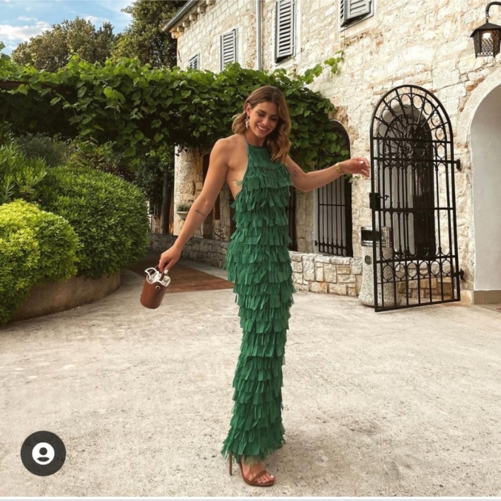 COPY - Zara fringe halter neck green dress
